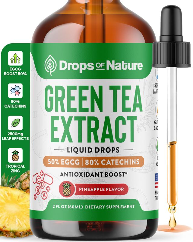 Green Tea 10:1 Extract 50 EGCG - Green Tea Liquid Drops - Vegan, 4X More Powerful Than Pills Capsules - 2oz Antioxidant Immune Supplement - Skin, Heart Support, Brain Health Memory Boost