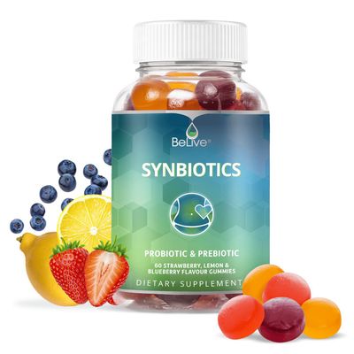BeLive Synbiotics - Probiotic Prebiotic Fiber Gummies - High Strength Inulin (3g), Dietary Fiber Supplement, Digestive Support for Kids Adults - Strawberry, Lemon, Blueberry Flavor (60Ct)