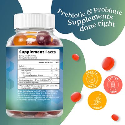 BeLive Synbiotics - Probiotic Prebiotic Fiber Gummies - High Strength Inulin (3g), Dietary Fiber Supplement, Digestive Support for Kids Adults - Strawberry, Lemon, Blueberry Flavor (60Ct)