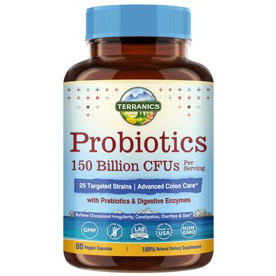 Terranics Daily Probiotics for Men Women, 150 Billion 25 Strains Colon Care Probiotics, with Prebiotics Enzymes, Healthy Regularity, Delayed Release, Shelf Stable, 60 Veggie Caps