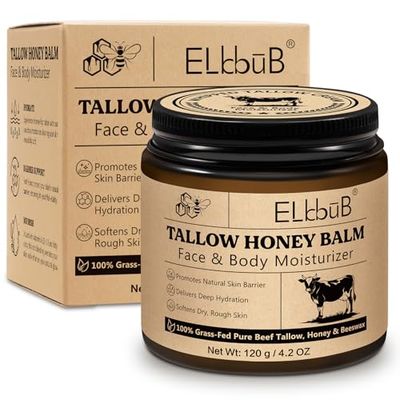 ELBBUB Whipped Tallow Cream for Face Body - 100 Grass-Fed Beef Tallow, Natural Honey Beeswax Moisturizer, Deep Hydration Nourishment, Oil-Free Unscented, Fast Absorbing