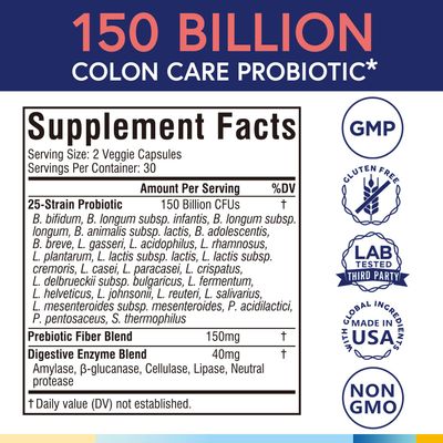 Terranics Daily Probiotics for Men Women, 150 Billion 25 Strains Colon Care Probiotics, with Prebiotics Enzymes, Healthy Regularity, Delayed Release, Shelf Stable, 60 Veggie Caps