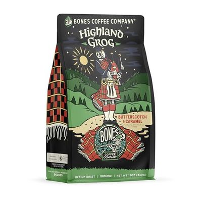 Bones Coffee Company Highland Grog Butterscotch Caramel Flavored, Coffee, Medium Roast Low Acid, 12 Oz Ground