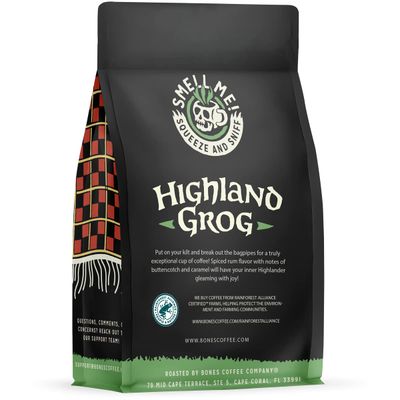 Bones Coffee Company Highland Grog Butterscotch Caramel Flavored, Coffee, Medium Roast Low Acid, 12 Oz Ground