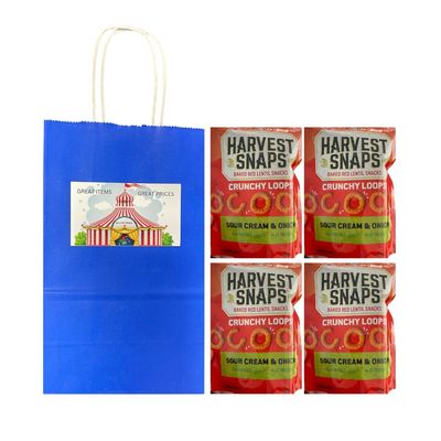 Big Top Deals USA Blue Paper Bag with Harvest Snaps Veggie Chips Crunchy Loops, Sour Cream Onion, 4-Pack (5.25x3.2x8) - Custom Bundle