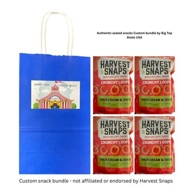 Big Top Deals USA Blue Paper Bag with Harvest Snaps Veggie Chips Crunchy Loops, Sour Cream Onion, 4-Pack (5.25x3.2x8) - Custom Bundle