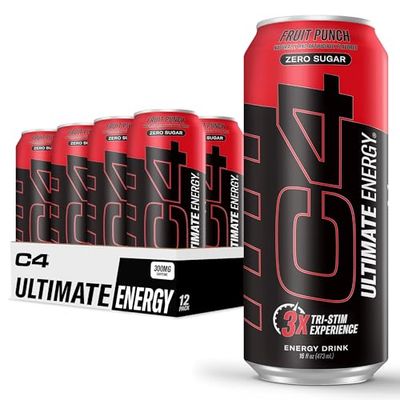 Cellucor C4 Ultimate Pre Workout Sugar Free Energy Drink Tri-Stim Experience with 300mg Caffeine TeaCrine Dynamine Fruit Punch 16oz (Pack of 12)