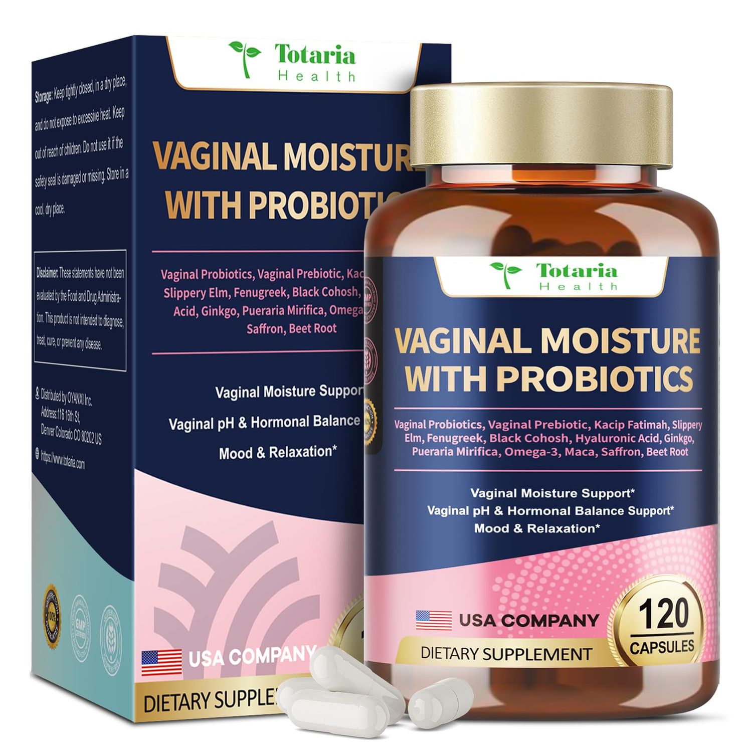 Vaginal Probiotics for Vaginal Moisturizer, pH, Odor, Flora, Hormones, Comfort, Mood Relaxation, 30-in-1 Vaginal Moisture Plus with Slippery Elm Bark, Hyaluronic Acid, Fenugreek for Women - 120 Caps