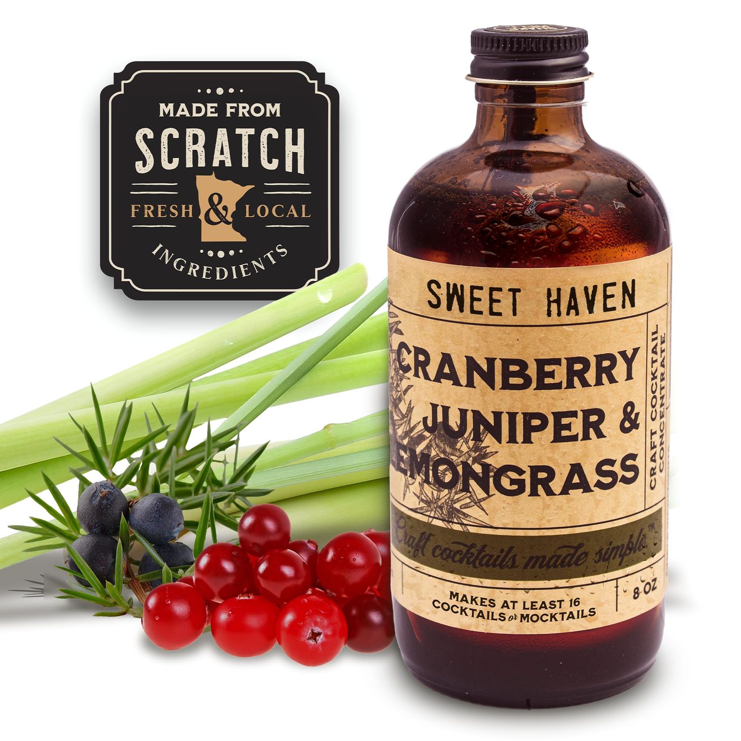 Sweet Haven Cranberry Juniper Lemongrass, Non-Alcoholic Mocktail Cocktail Mixer, All Natural, Fresh Local Ingredients, Zero Preservatives, 2 Year Shelf Life, 5 Star Drinks Made Simple - 8 Ounces