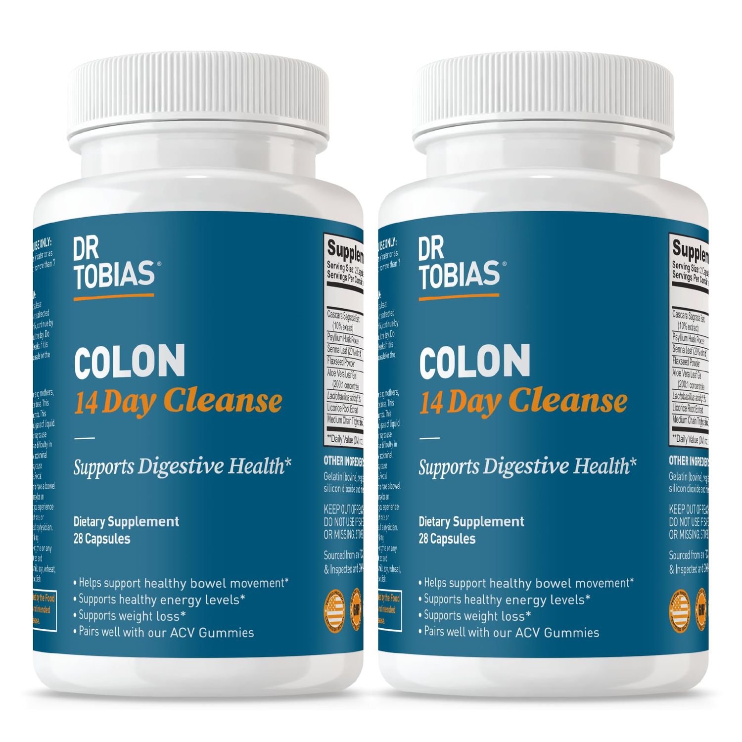 Dr. Tobias Colon 14 Day Cleanse, Advanced Gut Cleanse Detox for Women Men with Cascara Sagrada, Psyllium Husk, Senna Leaf Probiotics, Non-GMO Colon Cleanse, 2 Bottles of 28 Capsules (1-2 Daily)