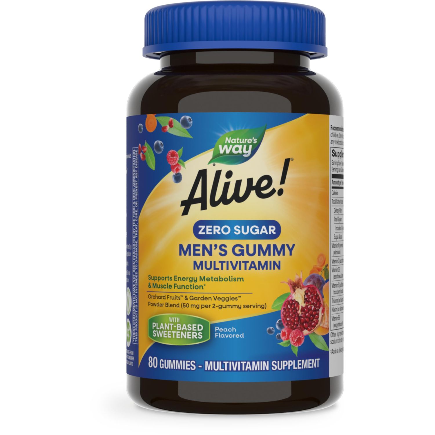 Nature s Way Alive! Zero Sugar Men&#39;s Gummy Multivitamin, Energy Metabolism, Muscle Function, B-Vitamins, No Sugar Alcohols, Plant-Based Sweetners, Peach Flavored, 80 Gummies