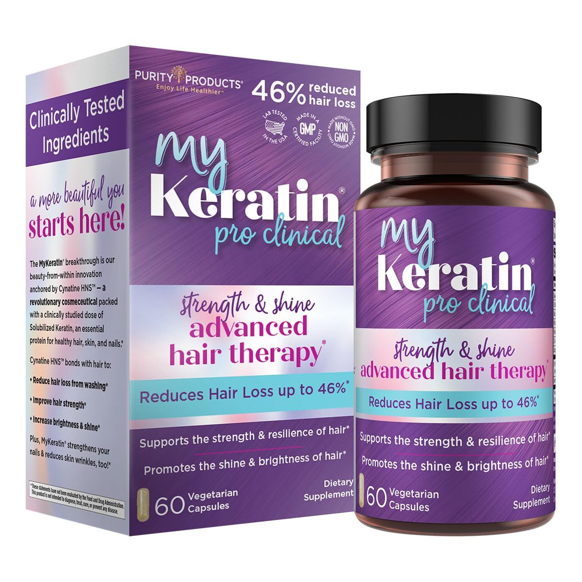 MyKeratin ProClinical Advanced Hair Therapy - Purity Products - Reduces Hair Loss Increases Hair Strength, Shine Luster - Next Generation Keratin Hair, Skin Nails Super Formula - 60 Veg Capsules