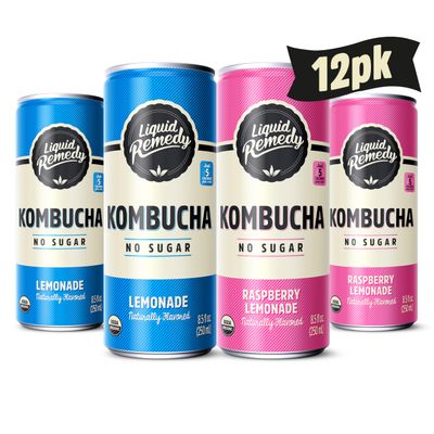 Liquid Remedy Kombucha Sugar Free Organic Drink, Low Calorie, Probiotic Like Tea for Gut Health - Lemon Lovers Variety Pack - 8.5 Fl Oz Can, 12-Pack