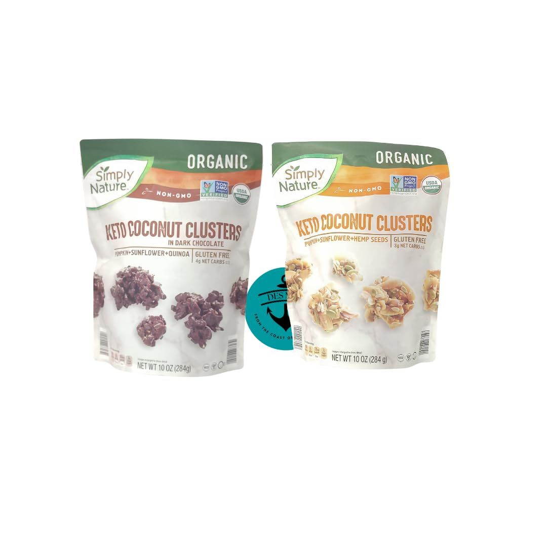 Simply Nature Keto Coconut Clusters Combo Pack - One Pumpkin, Sunflower, Hemp Seeds Net Wt 10oz and One Pumpkin, Sunflower, Quinoa in Dark Chocolate Net Wt 10oz PLUS a Des Mar Magnet