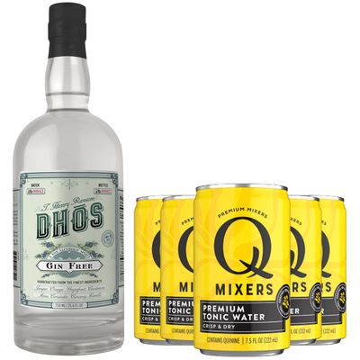 Dhos Handcrafted Non-Alcoholic Gin w 5 Pack Q Mixers Premium Tonic Water - Keto-Friendly, Zero Sugar, Zero Calories, Zero Proof - 750 ML - Perfect for Mocktails - Made in USA