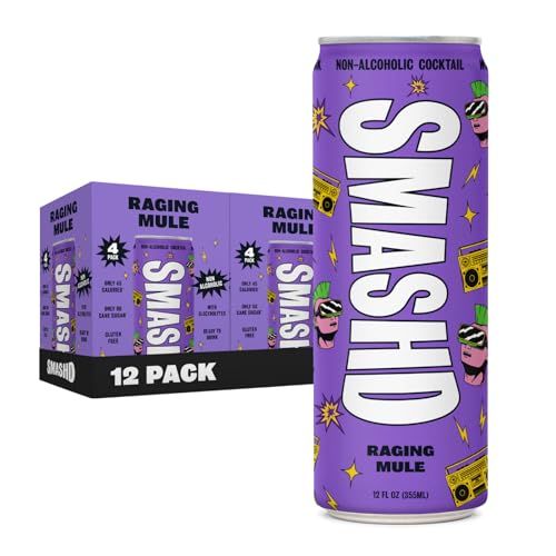 SMASHD Non-Alcoholic Mocktails Beverage with Flavored Sparkling Water No Artificial Flavors, Caffeine-Free, with electrolytes, Low Calories Organic Sugar 12 Oz (Raging Mule, 12 Pack)