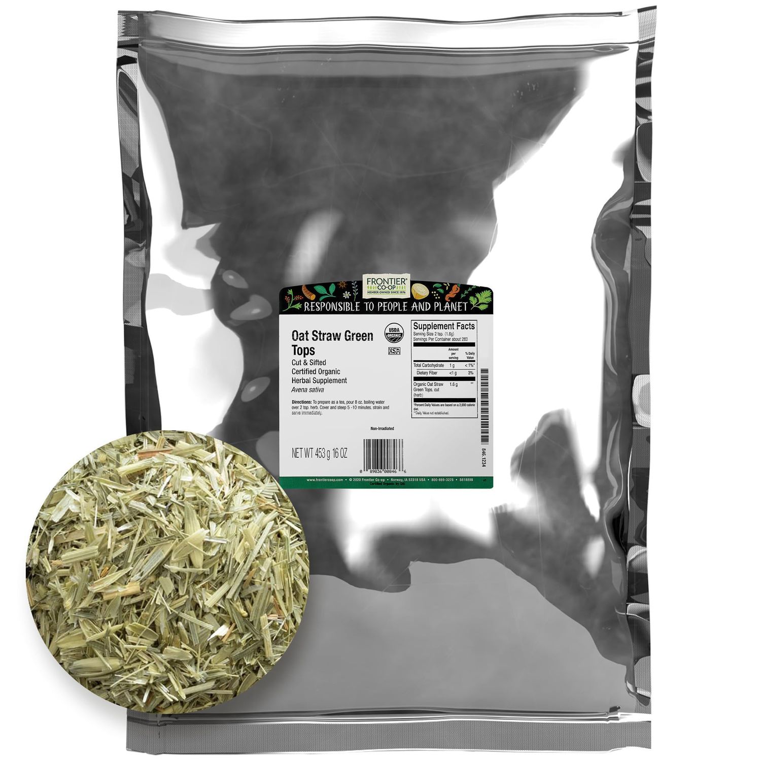Frontier Co-op Organic Oatstraw Green Tops, Kosher, 1lb Bulk Bag - Cut Sifted Oat Straw Herb, Perfect for Oatstraw Tea, Bath, and Wellness Use