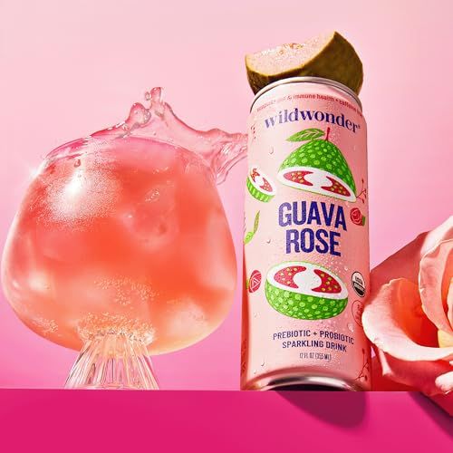 wildwonder Sparkling Probiotic Juice Drink wGut Health Immunity, Digestion Support, 5g Fiber, Live Probiotics, Caffeine Free, Organic, Vegan, Low Sugar, 12pk 12oz, Guava Rose, As Seen on Shark Tank
