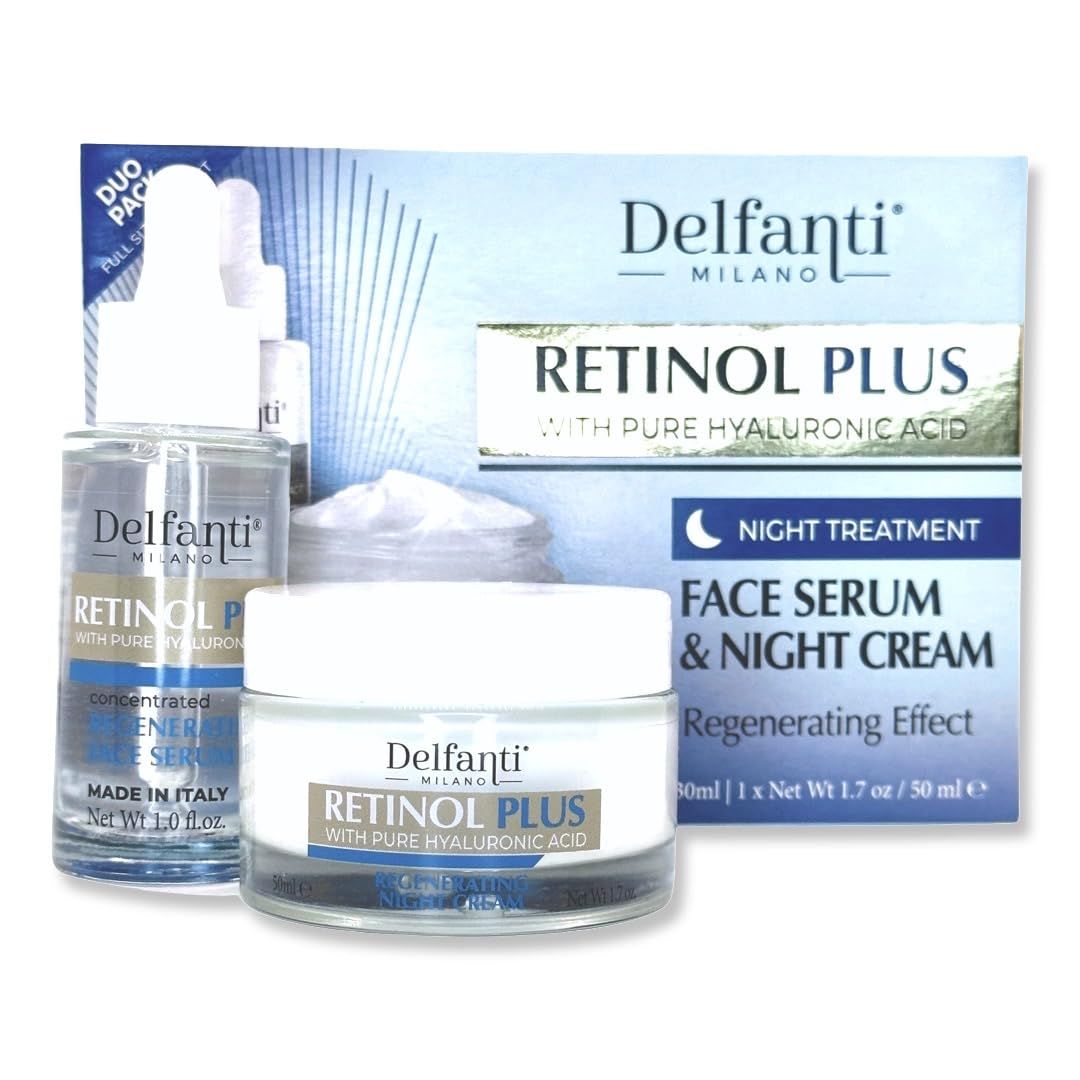 Delfanti Milano RETINOL PLUS with pure HYALURONIC Acid FULL SIZED NIGHT TREATMENT DUO PACK Concentrated Regenerating Serum and Night Cream for Face and Neck Made in Italy
