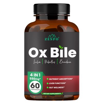 Zespo Ox Bile 550MG - Digestive Enzymes Gut Health Support with Inulin, Probiotics Bromelain - 60 Capsules
