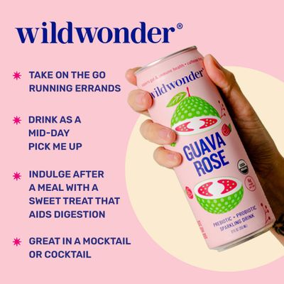 wildwonder Sparkling Probiotic Juice Drink wGut Health Immunity, Digestion Support, 5g Fiber, Live Probiotics, Caffeine Free, Organic, Vegan, Low Sugar, 12pk 12oz, Guava Rose, As Seen on Shark Tank