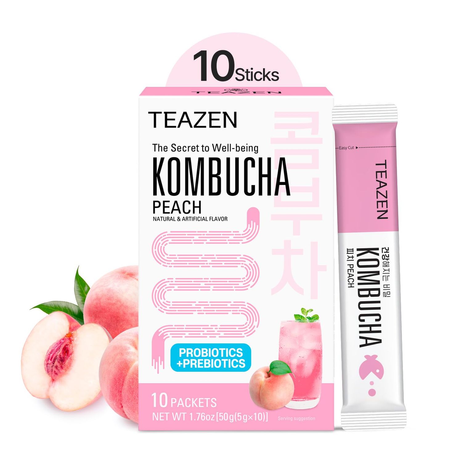 TEAZEN Peach Kombucha Tea, Hydration Drink Mix, Sugar Free, Live Probiotics Prebiotics, 10 Sticks, 1.76oz