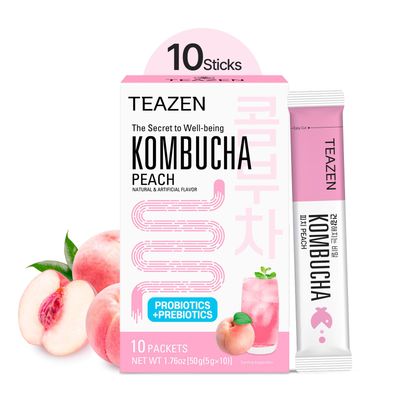 TEAZEN Peach Kombucha Tea, Hydration Drink Mix, Sugar Free, Live Probiotics Prebiotics, 10 Sticks, 1.76oz