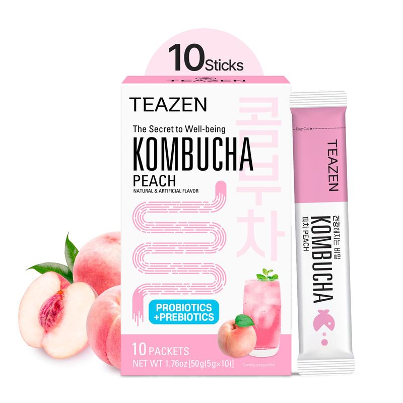 TEAZEN Peach Kombucha Tea, Hydration Drink Mix, Sugar Free, Live Probiotics Prebiotics, 10 Sticks, 1.76oz