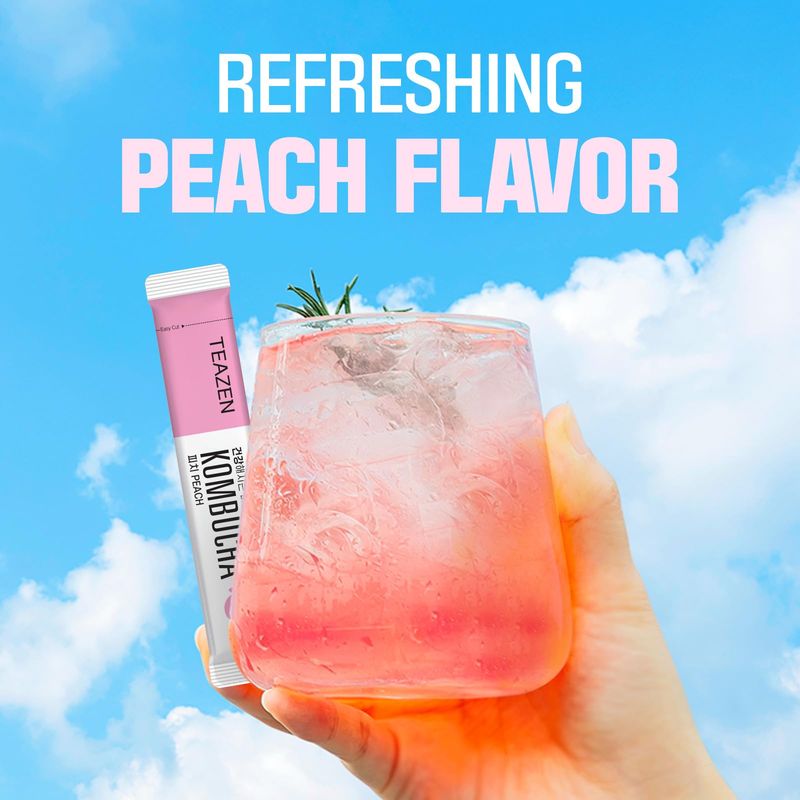TEAZEN Peach Kombucha Tea, Hydration Drink Mix, Sugar Free, Live Probiotics Prebiotics, 10 Sticks, 1.76oz
