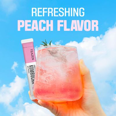 TEAZEN Peach Kombucha Tea, Hydration Drink Mix, Sugar Free, Live Probiotics Prebiotics, 10 Sticks, 1.76oz