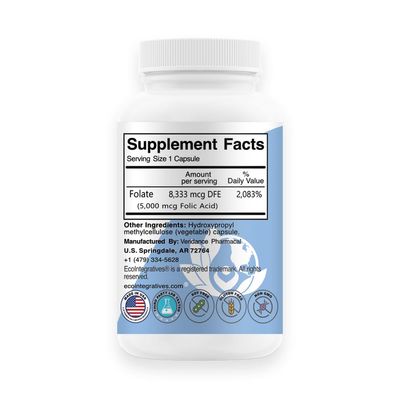 EcoIntegratives Folic Acid Folate 5mg (B9) Prenatal, Reproductive Health, Homocysteine, Metabolism, Cardiovascular, Bone, Immune Support, Allergen Free, Non GMO - 100 Vegan Capsules