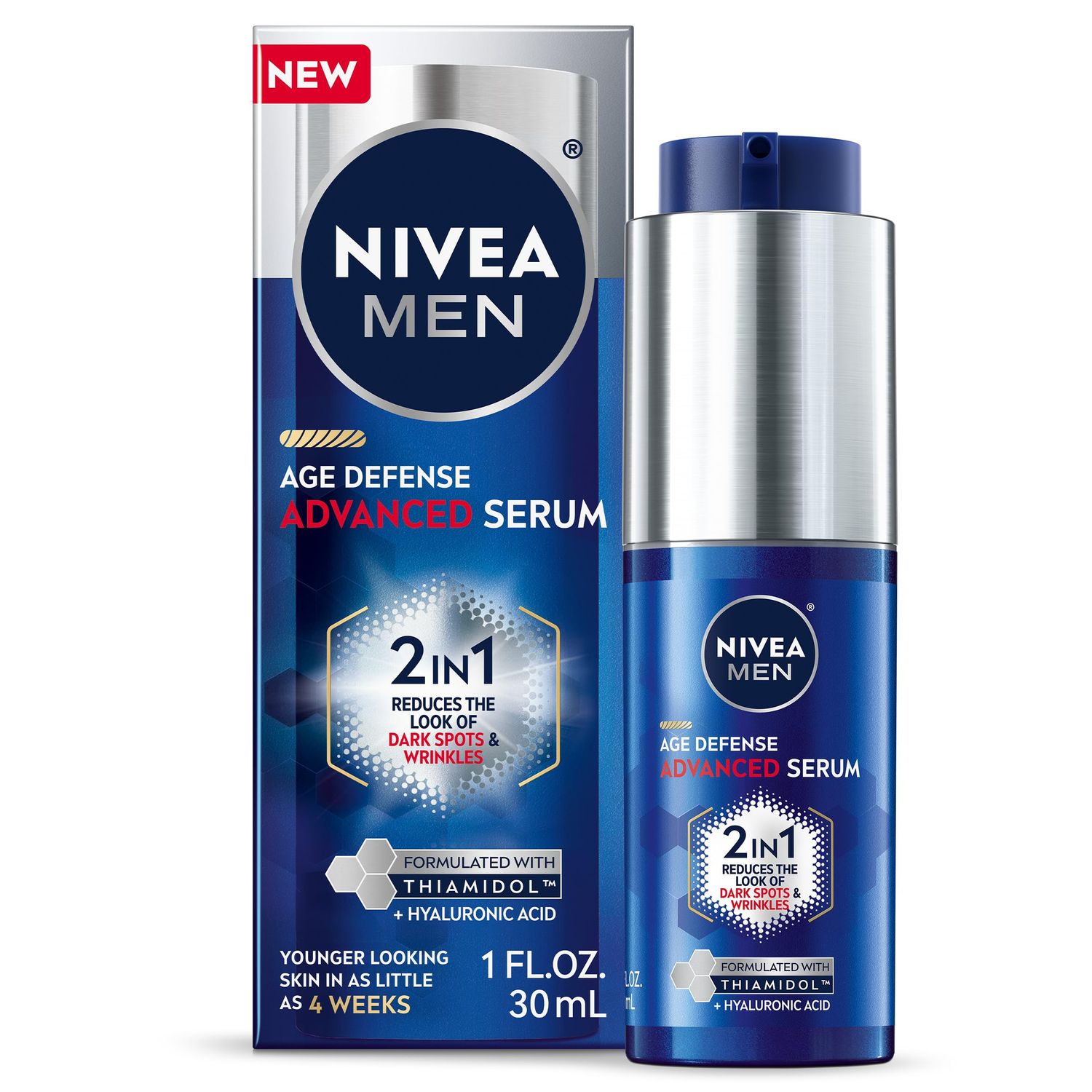NIVEA MEN Age Defense Advanced Face Serum for Dark Spots with Thiamidol (TM) Hyaluronic Acid, Skin Care Gifts for Dad, Helps Reduce Look of Dark Spots, Fine Lines Wrinkles, 1 Fl Oz Bottle