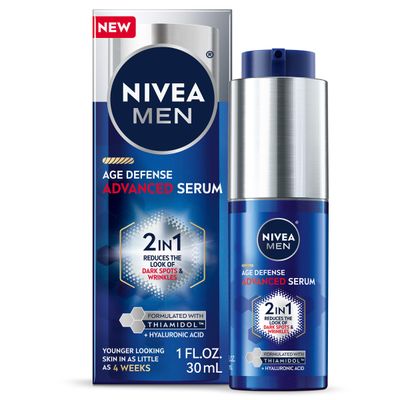NIVEA MEN Age Defense Advanced Face Serum for Dark Spots with Thiamidol (TM) Hyaluronic Acid, Skin Care Gifts for Dad, Helps Reduce Look of Dark Spots, Fine Lines Wrinkles, 1 Fl Oz Bottle