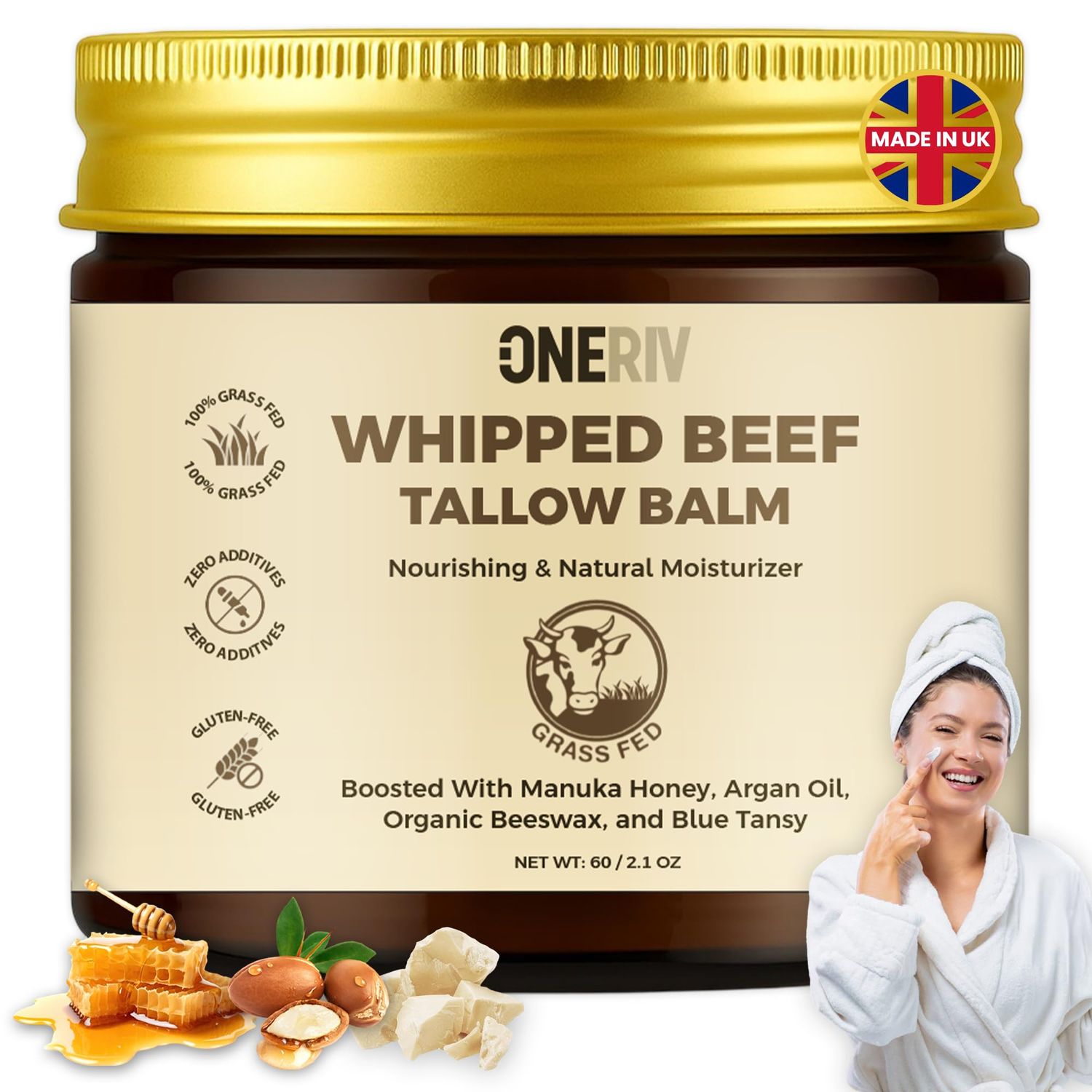 ONERIV Beef Tallow for Skin - 100 Grass-Fed Whipped Tallow Blend with Argan Oil, Manuka Honey, Beeswax Blue Tansy Natural Face Moisturizer Calms, Hydrates, Restores Dry Skin Body