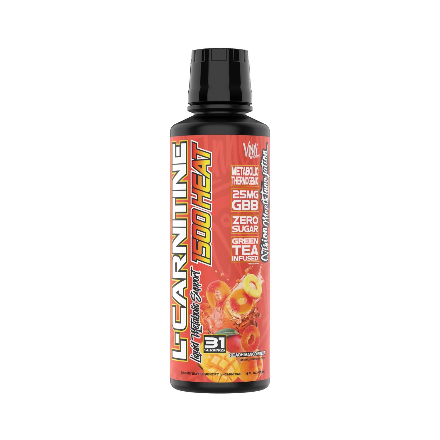 VMI Sports L-Carnitine 1500 Heat Stimulant Free Thermogenic Metabolic Support Fat Loss for Men Women 1500mg L-Carnitine Convenient Liquid (Peach Mango)