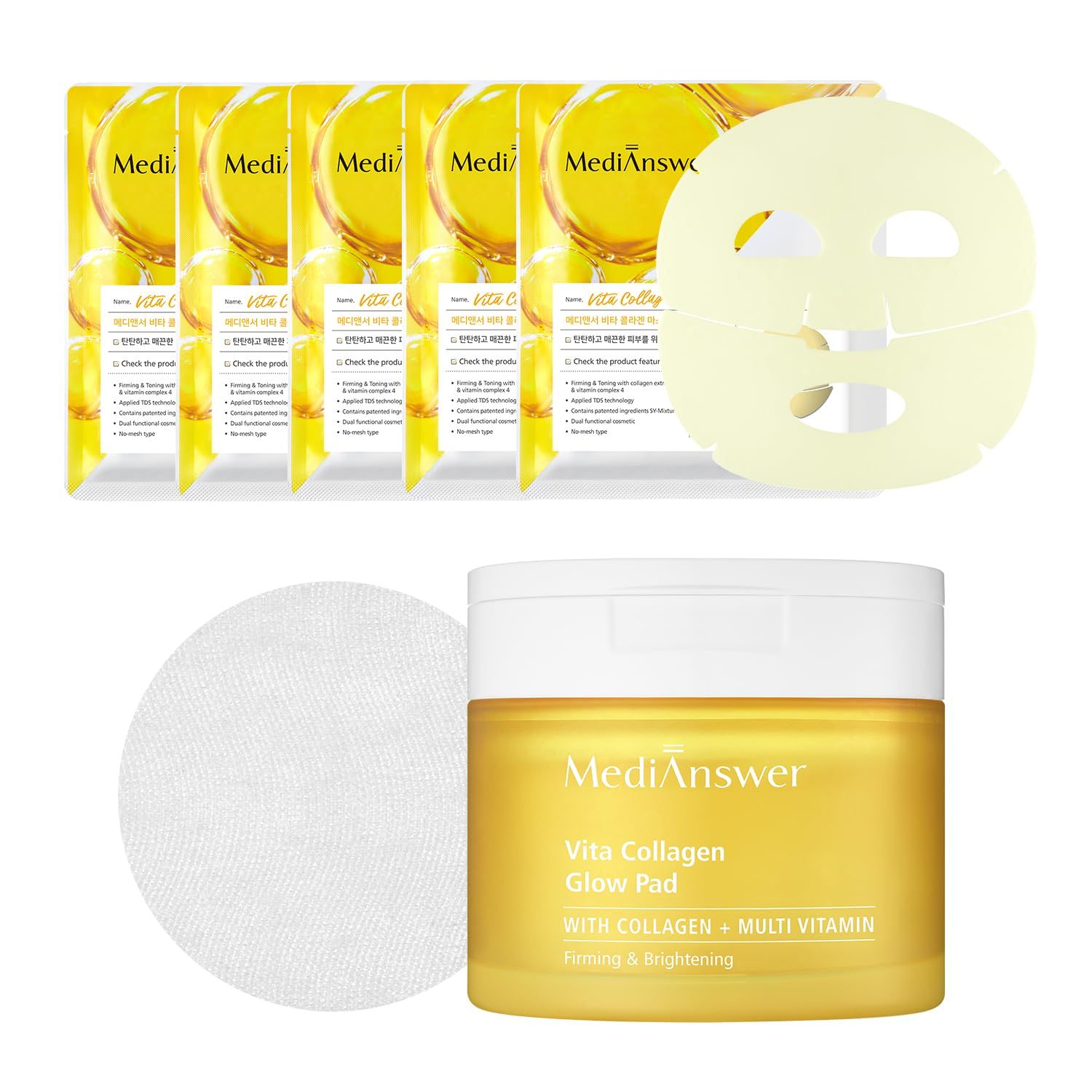 [MediAnswer] K-Beauty Vita Collagen Duo - Glow Pads (80 pads) Sheet Masks (5 pack) Premium Firming Revitalizing Skincare Set with French Collagen