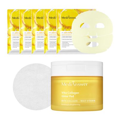 [MediAnswer] K-Beauty Vita Collagen Duo - Glow Pads (80 pads) Sheet Masks (5 pack) Premium Firming Revitalizing Skincare Set with French Collagen
