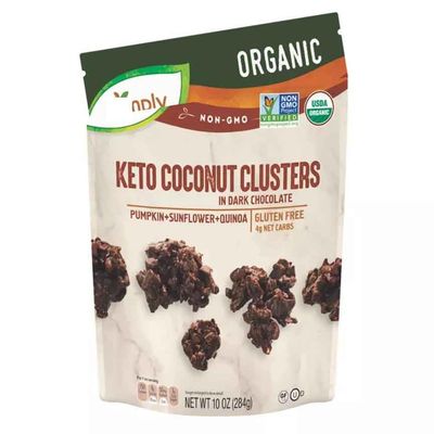 Keto Dark Chocolate Coconut Clusters - 10oz Organic, NonGMO Simply Nature Snack Snacking Bag - Pumpkin, Sunflower, Quinoa - Gluten Free - 4 Net Carbs