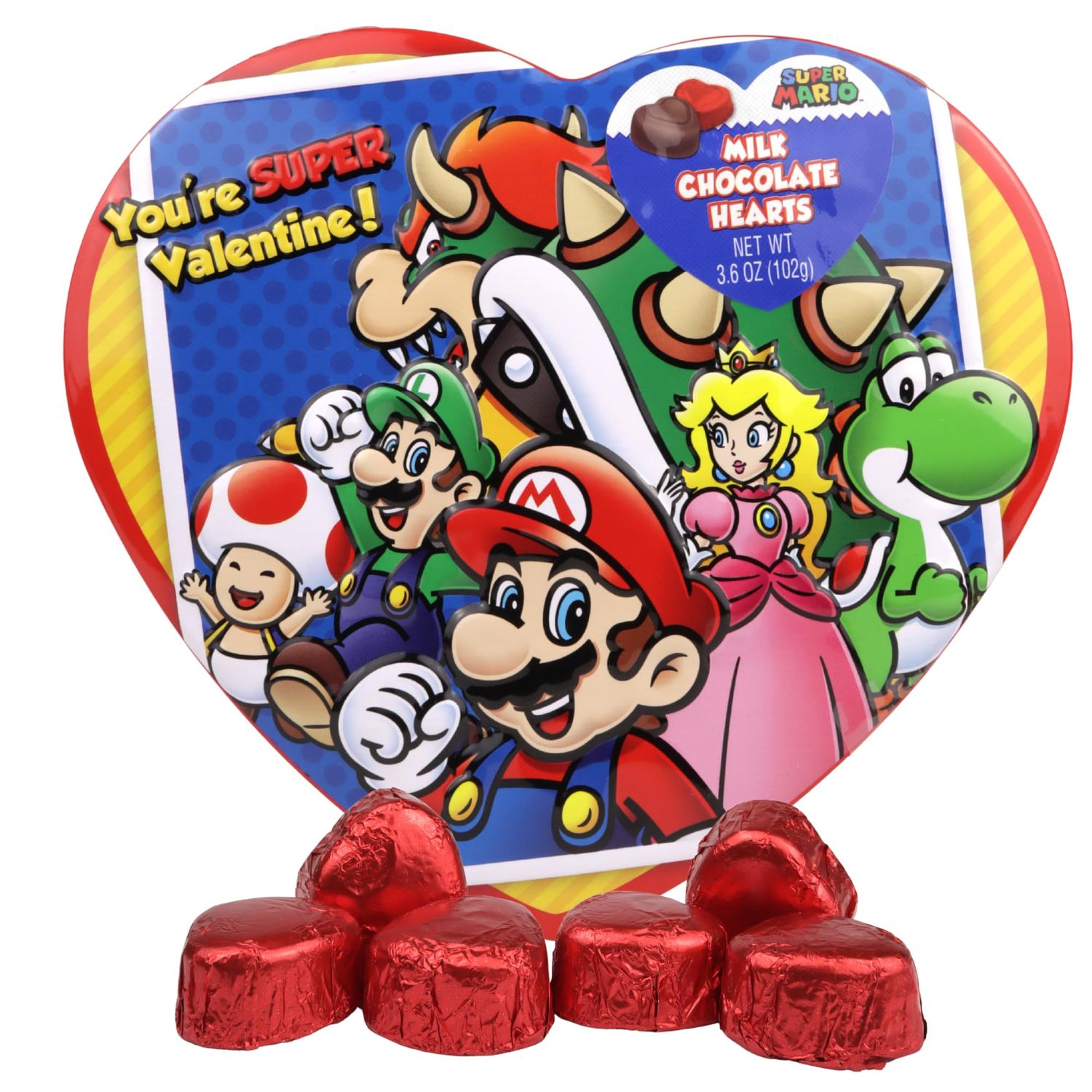 Super Mario Tin Heart Box with Milk Chocolates, Valentine s Day Candy Gift, Individually Wrapped Pieces, 3.6 Ounces