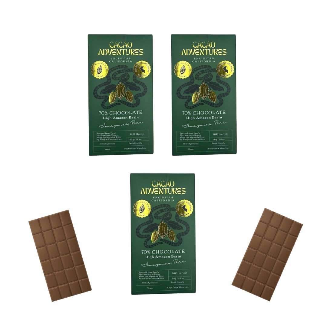 Cacao Adventures - 70 Ceremonial Grade Cacao Bar Wild Strains Ethically Sourced Sustainably Grown (1.76oz - Pack of 3)