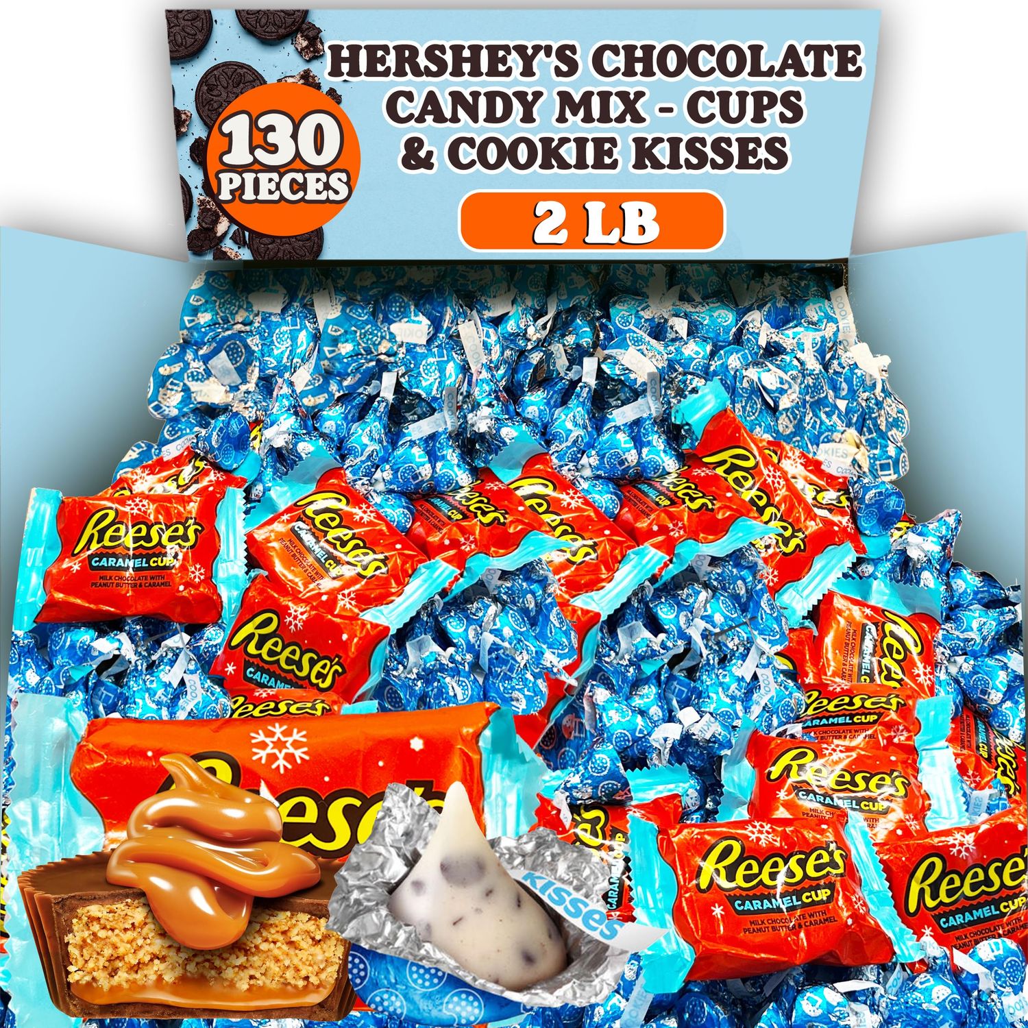 Hershey Chocolate Candy Mix, 2 lb Bulk, ReesePeanut Butter Caramel Cups, Hershey Cookies and Cream Snowman Kisses, Individually Wrapped Blue Winter Chocolate Treats Candy for Parties and Snacking