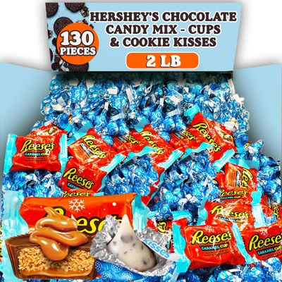 Hershey Chocolate Candy Mix, 2 lb Bulk, ReesePeanut Butter Caramel Cups, Hershey Cookies and Cream Snowman Kisses, Individually Wrapped Blue Winter Chocolate Treats Candy for Parties and Snacking