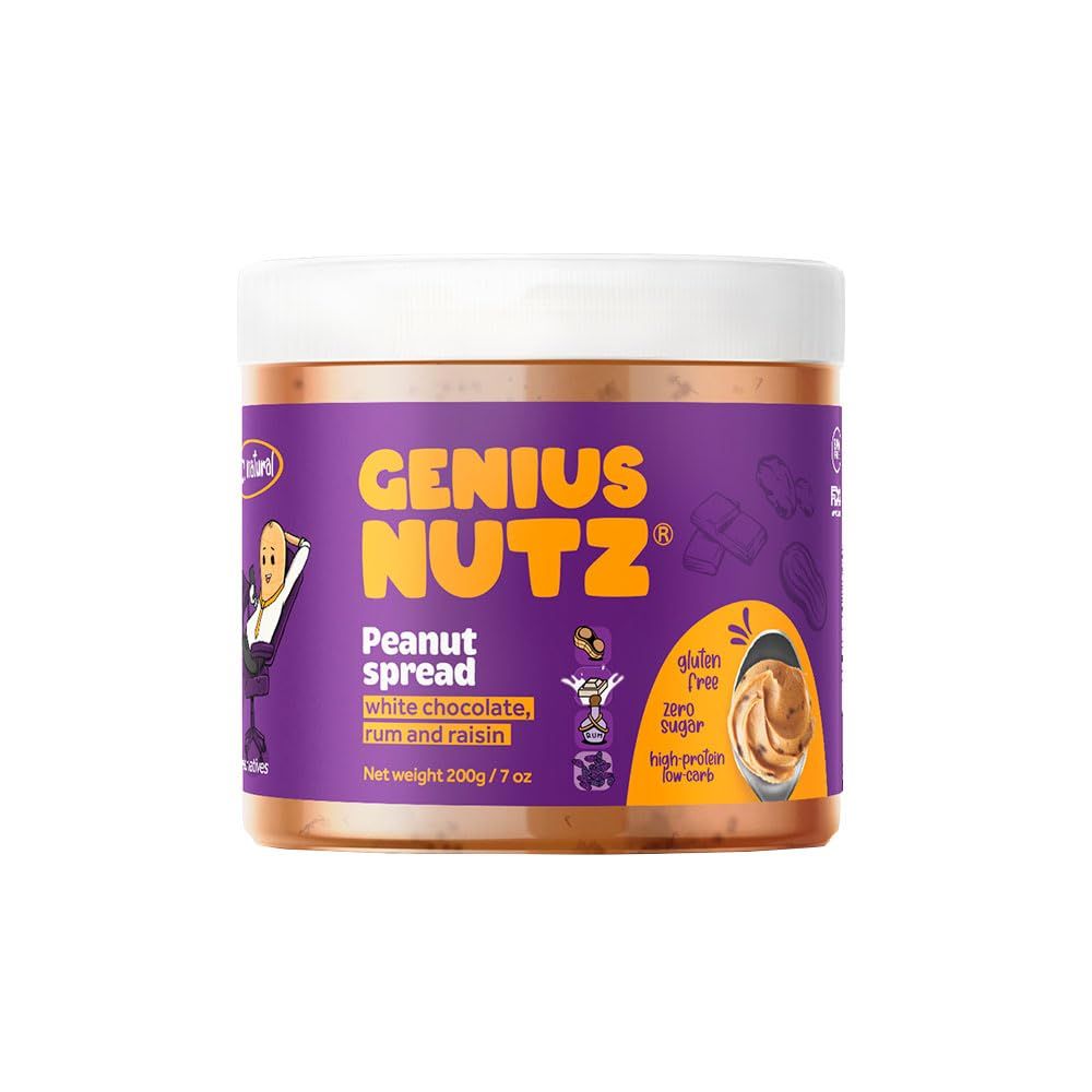 GENIUS NUTZ - Peanut Spread White Chocolate, Rum and Raisin - The Perfect Healthy Peanut Butter Snack, 100 Natural, Sugar-Free and Gluten-Free, Low Carb High Protein, 7 oz Pack