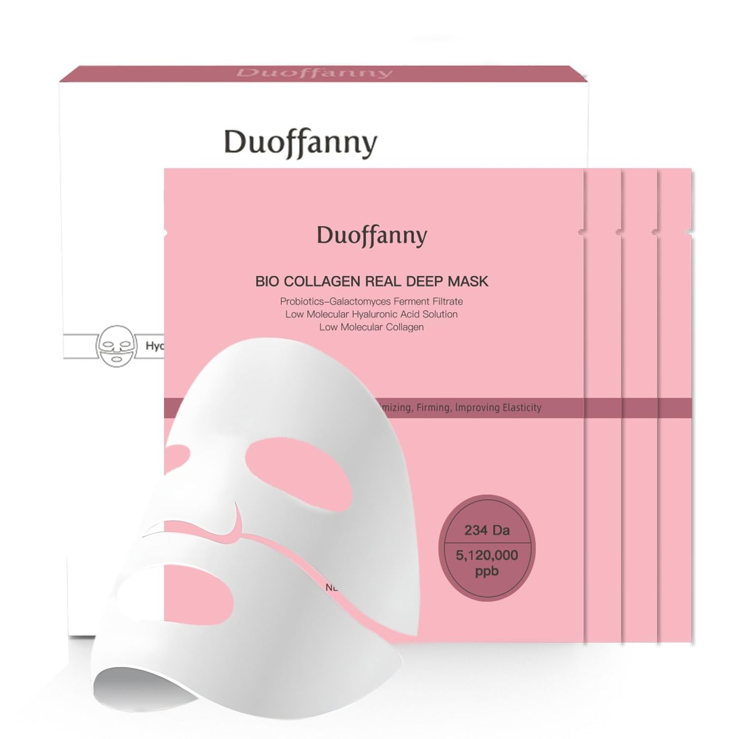 Duoffanny Bio-Collagen Real Deep Mask, 5,120,000 PPB Hydrating Overnight Hydrogel Mask 234 Da Deep Collagen Face Mask, Pore Minimizing, Elasticity Improvement, 34g x 4ea