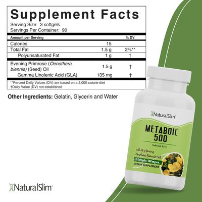 NaturalSlim Evening Primrose Oil for Women 1500mg from Cold Pressed Oil - Metaboil 500 GLA Supplement Gamma Linolenic Acid for Women s Health, Metabolism, Heart Skin Health - 270 Softgels
