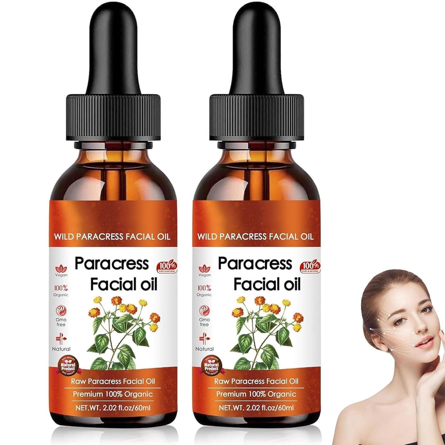 bryanture 100 Organic Paracress Facial Oil - Anti-Aging Moisturizing Essential Oil for Wrinkle Reduction, Hydration(2Pcs)
