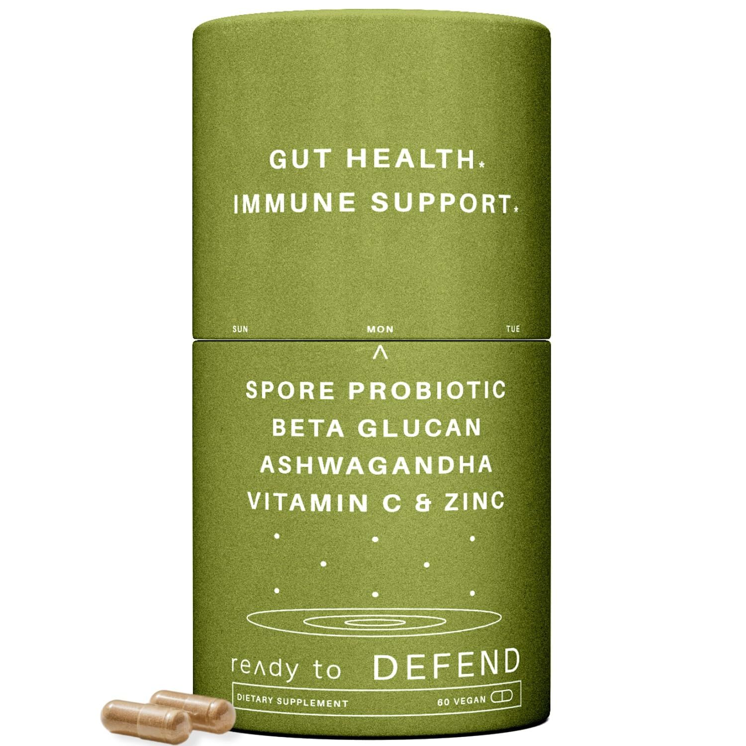 Defend Immune Support Supplement - Gut Cortisol Balance - Spore Probiotic Beta Glucan - DE111 Probiotic, Wellmune , Ashwagandha Antioxidants - Bloating, Digestion Stress Relief - 60 Capsules