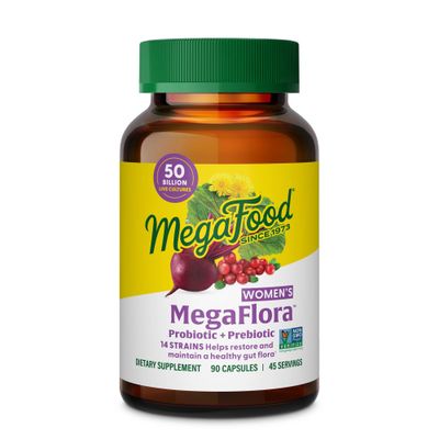 MegaFood MegaFlora Probiotics for Women Prebiotics and Probiotics with 14 Strains 50 Billion CFUs, with Cranberry for Women Digestive Health, Vegetarian- 90 Capsules (45 Servings)