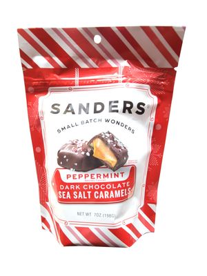 Sanders peppermint dark chocolate sea salt caramels, 7-ounce stand up zip bag