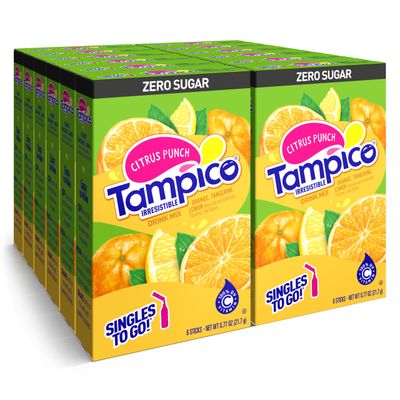Tampico Singles To Go Drink Mix Packets,Citrus Punch, Zero Sugar, Low Calorie, 100 DV of Vitamin C per Serving, Convenient, On-The-Go Water Enhancers, 6 Count (Pack - 12)